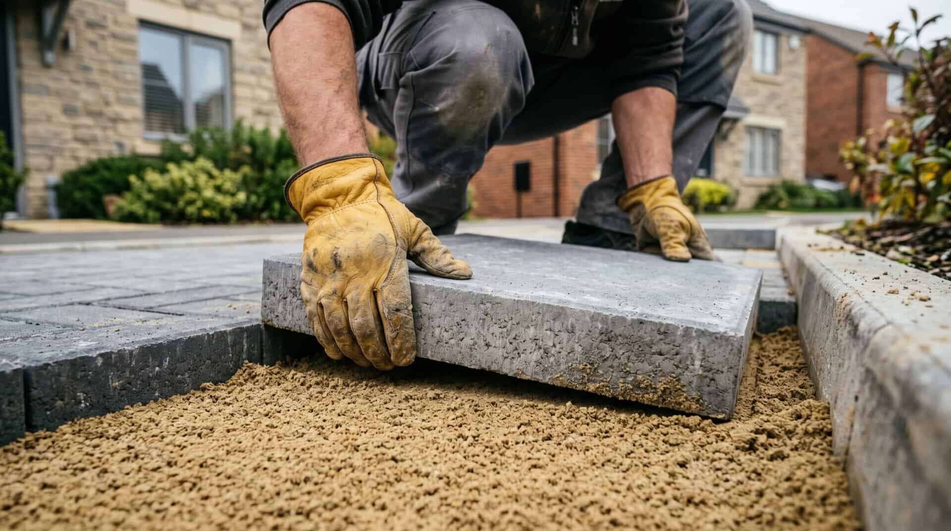 Worker laying paver stones on sand base for driveway.
